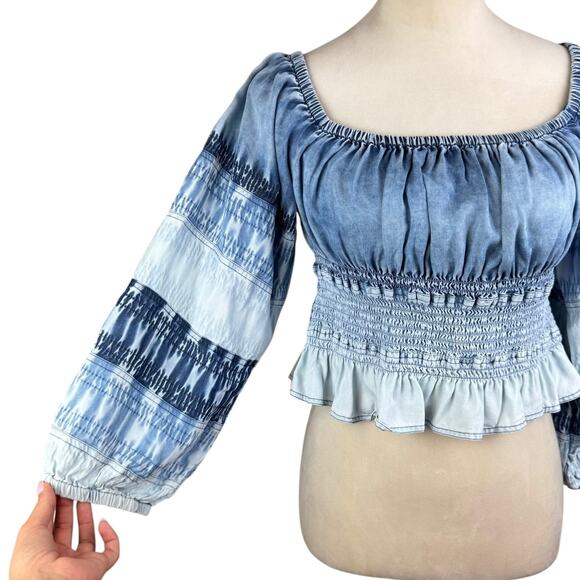 Anthropologie Pilcro Blue Ombre Chambray Smocked Square Neck Cropped Top - Picture 9 of 14